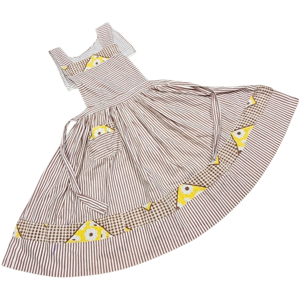 Vintage Brown Striped‎ Patchwork Cotton Child Apron Retro Kitchen Apporx 5T